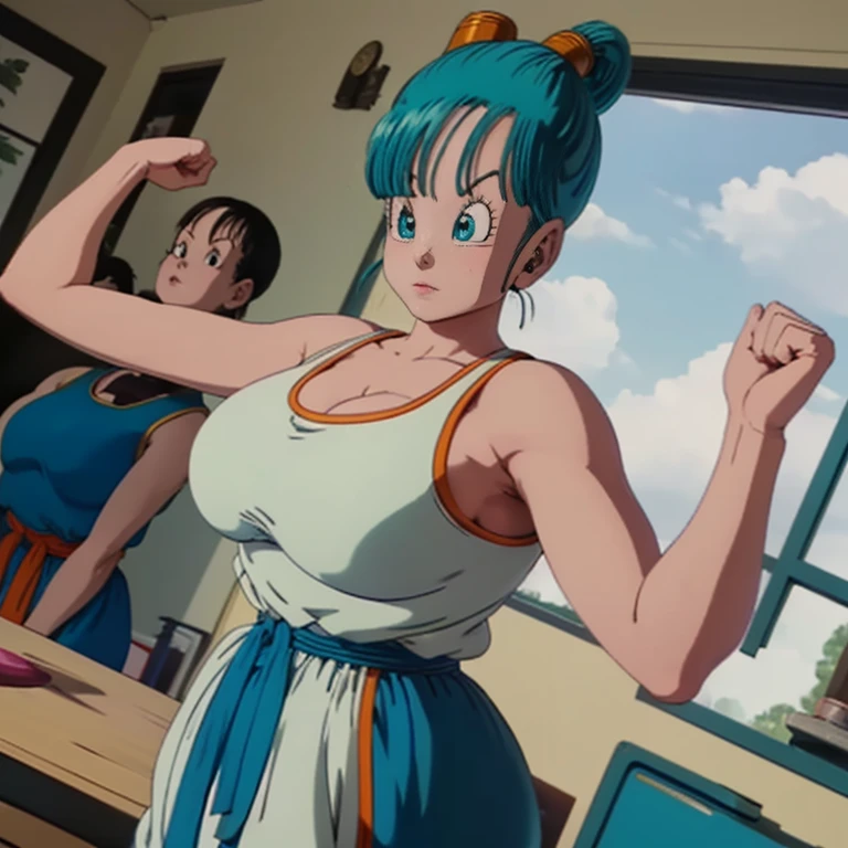 Bulma,( dragon ball\), long hair, cabello aqua, blue eyes wristwatch, white tank top,  hombros descubiertos, clavicle,  Habitación interior , Young curvy woman with big breasts and big ass, pose with arms raised to the sides, making a fist, showing her armpits