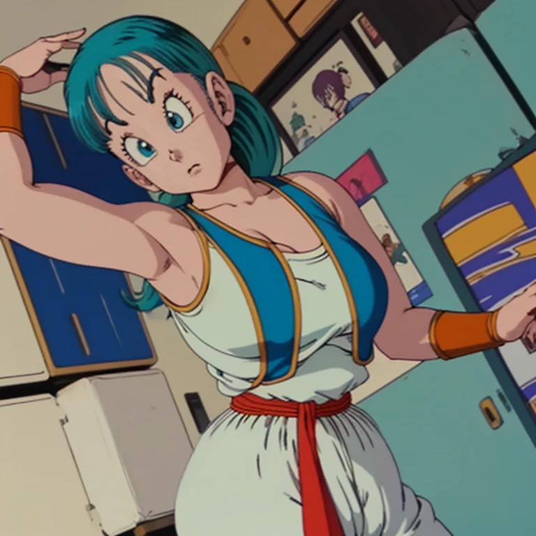 Bulma,( dragon ball\), long hair, cabello aqua, blue eyes wristwatch, white tank top,  hombros descubiertos, clavicle,  Habitación interior , Young curvy woman with big breasts and big ass, pose with arms raised to the sides, making a fist, showing her armpits