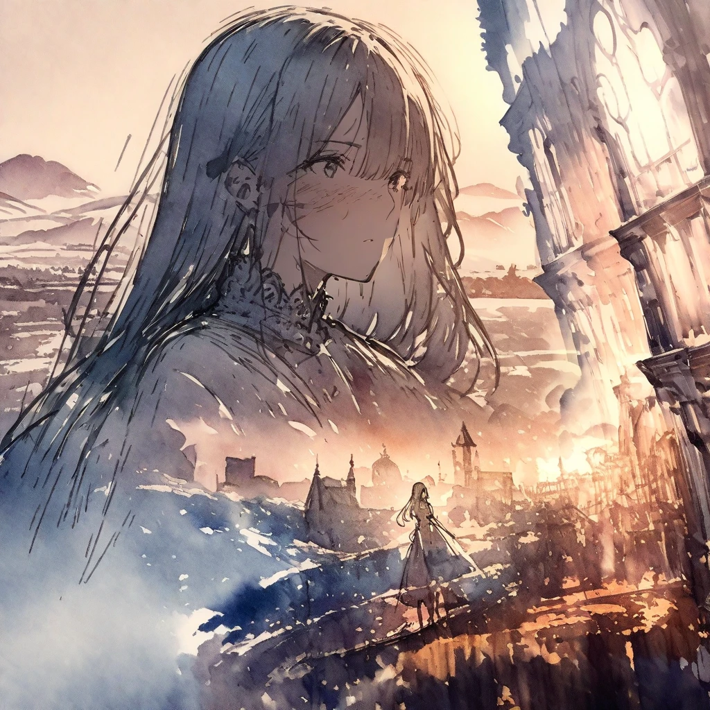 ((sketch:1.5)), ((watercolor:1)), Double Exposure of a Beautiful and Delicate Woman (The face is clear and perfect)image，Background、 perfect ultra-detailed Victorian landscape , beautiful, beautiful笑顔, complicated illustration,  artwork concept artwork, break,(There's no point in a tall wall 、 being empty inside ),