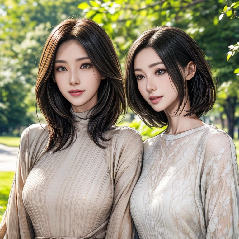 UHD, anatomically correct, textured skin, super detail, high quality, 8k、Two elegant 30-year-old wives are enjoying conversation while walking in the park、 in casual everyday clothes 、Horizontal shot 、Brown eyes、 beautiful face、 beautiful hair、 model body type、( focusing on her upper body:1.5)、 finely depicted eyes 、 Focused Eyes 、 beautiful eyes、