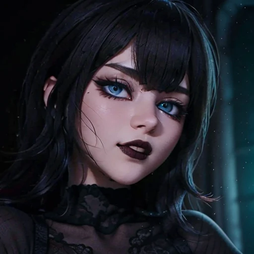 a young woman with an aura of dark allure and undeniable power.Details:Her piercing gaze dominates the scene. Her eyes, a mesmerizing blend of crimson and violet, hold a hint of sadistic amusement. A cruel smile curves her lips, hinting at a taste for domination