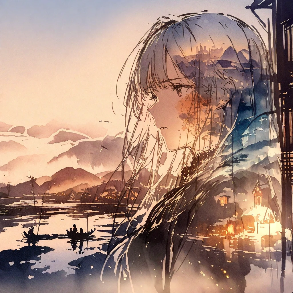 ((sketch:1.5)), ((watercolor:1)), Double Exposure of a Beautiful and Delicate Woman (The face is clear and perfect)image，Background、 perfect ultra-detailed Victorian landscape , beautiful, beautiful笑顔, complicated illustration,  artwork concept artwork, break,(If you're sorry 、 don't notice that the next door has opened),