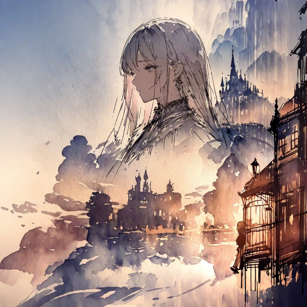 ((sketch:1.5)), ((watercolor:1)), Double Exposure of a Beautiful and Delicate Woman (The face is clear and perfect)image，Background、 perfect ultra-detailed Victorian landscape , beautiful, beautiful笑顔, complicated illustration,  artwork concept artwork, break,(If you're sorry 、 don't notice that the next door has opened),