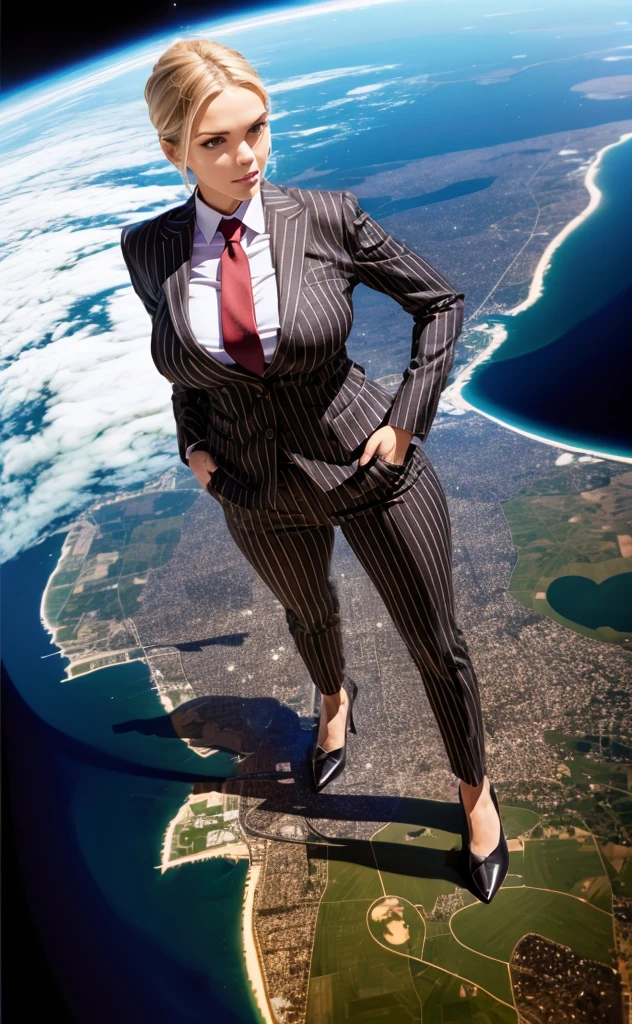 Giga Giantess art 1:4, two highly detailed giga giantess, blonde hair, a age bbw white girl full body view, 1000 miles giga giantess, giga giantess so massive the world is very small to her, huge breasts, light grey pinstriped three-piece suit and blazer, white tailored shirt, tie done up in a thick and massive Windsor knot light red tie, tie length reaches just passed the top of trousers, Has long full wavy ponytail, Wearing a pair of  polished round toe court heels Professional attire A look of enjoyment, Beautiful appearance, smile, horny (view from the ground)giga goddess, full body view, standing striaght, towering over a very tiny planet in space, giantess so big she can see the whole coast line of USA, facing towards camera, from below