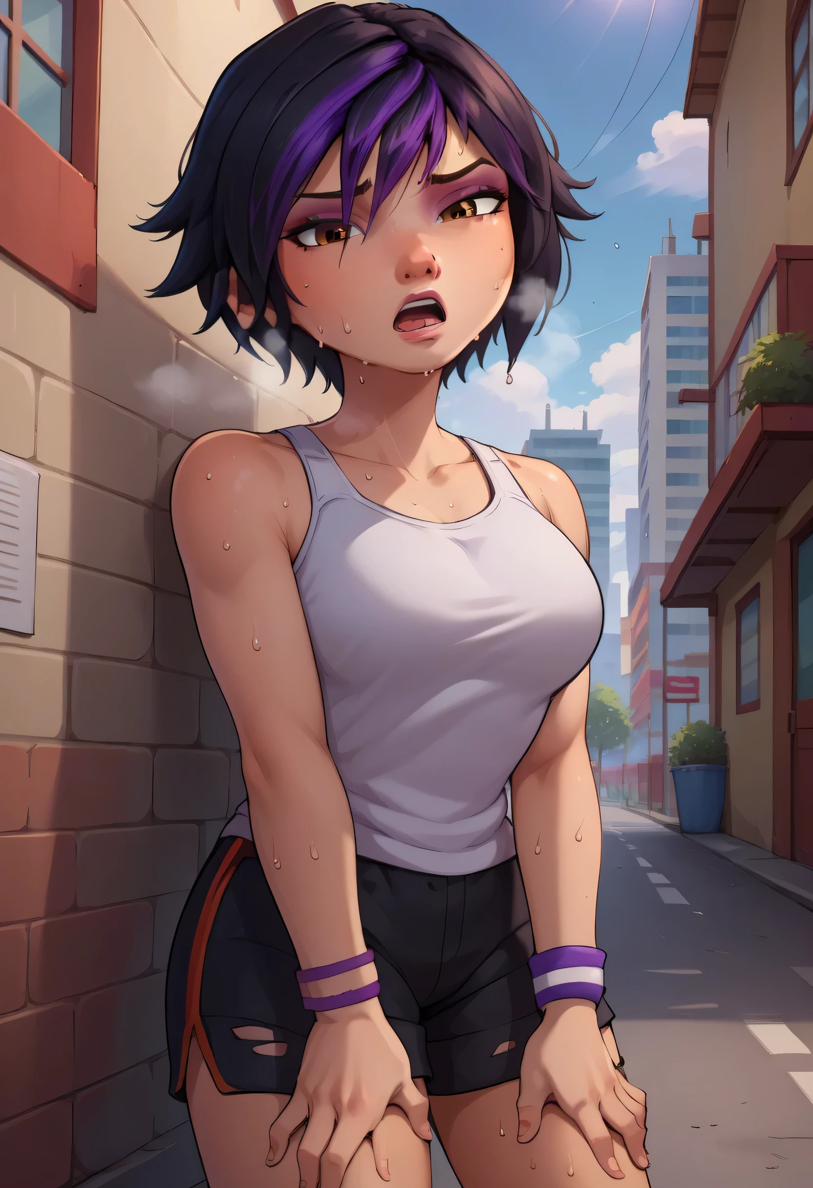 score_9, score_8_up, score_7_up, BREAK,gogotomago, 1girl, solo, short hair, black hair, jewelry, lo purple hair, bracelet, makeup, casual, cowboy shot, brown eyes, looking at the viewer, large breasts,outdoors,city, hands on knees, white tanktop, sweaty, black shorts, sweating profusely, open mouth, exhausted, heavy breathing dripping sweaty from chin, covered in sweat