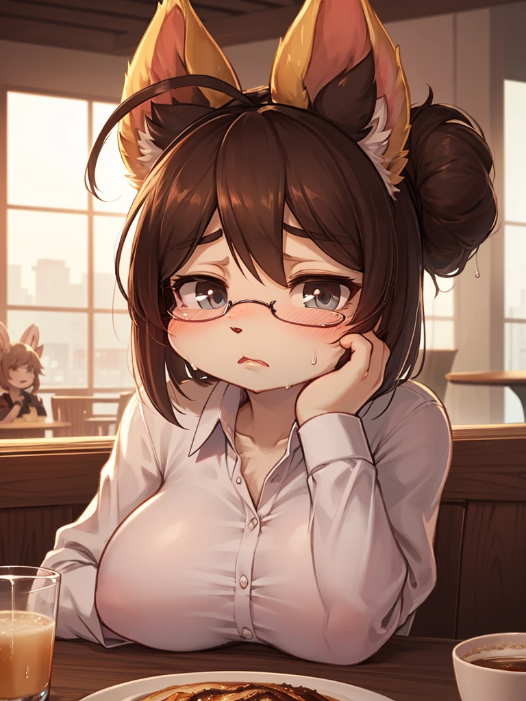(masterpiece), 1girl, 1boy, fellatio, blowjob, deepthroat, penis, best quality, expressive eyes, perfect face, best quality, kemonomimi, bear ears, brown hair, short hair, messy_hair, blue eyes BREAK freckles, green shirt, , huge breasts, , standing, embarrased, indoors, (jizz, cum on mouth), (deepthroat), crying tears
