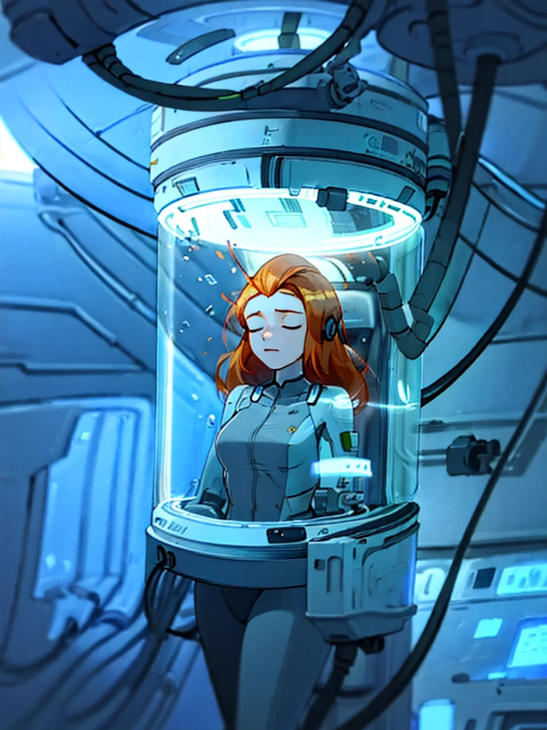 Samantha, unconscious, ginger hair, green spy suit, sleeping, wires hook on her body and head, blank look, inside a stasis chamber pod
