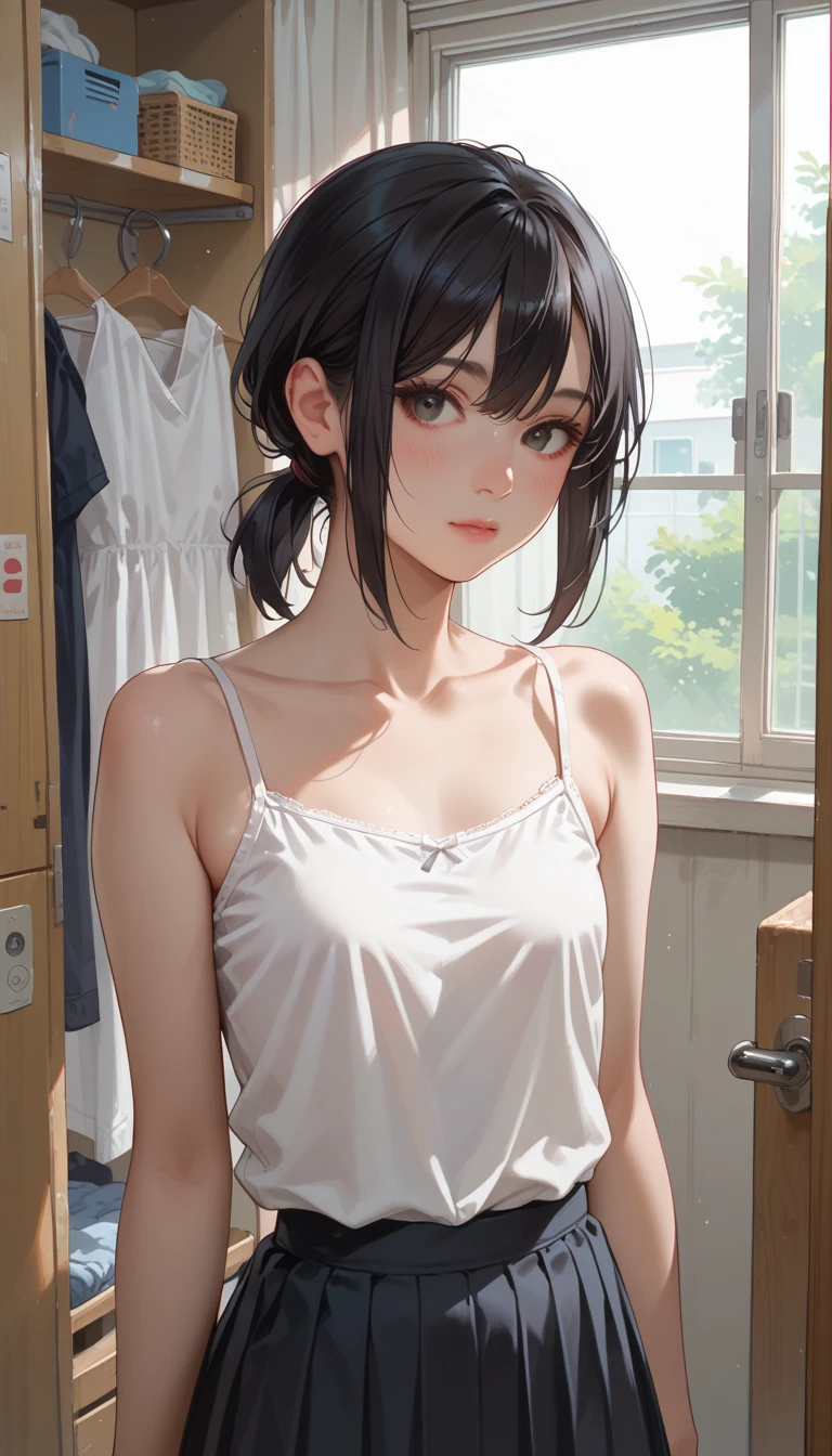 (巨作、最好质量、A high resolution、photograph of-realistic、real-looking-skin:1.1)、1 Japan Girl、独奏、body complet、(very small breasts:1.5)、Beautiful eyes、Shining eyes、blush on、short twintails、no bra、(Sheer white tank top:1.5)、(cotton panties:1.5)、(Fully exposed panties:1.5)、is standing、(arms behind back:1.5)、bedroom、nsfw