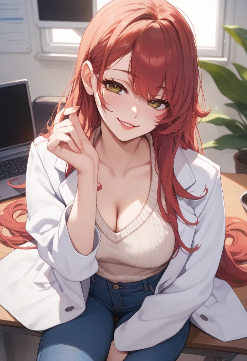 (adult woman), Blush, very horny, light skin, lab coat, sweater shirt,  jeans,  long red hair, ( brown eyes ), (naughty face), beautiful face, chest, Sensual, highest quality,sitting pose, (Bottom: On the office table)