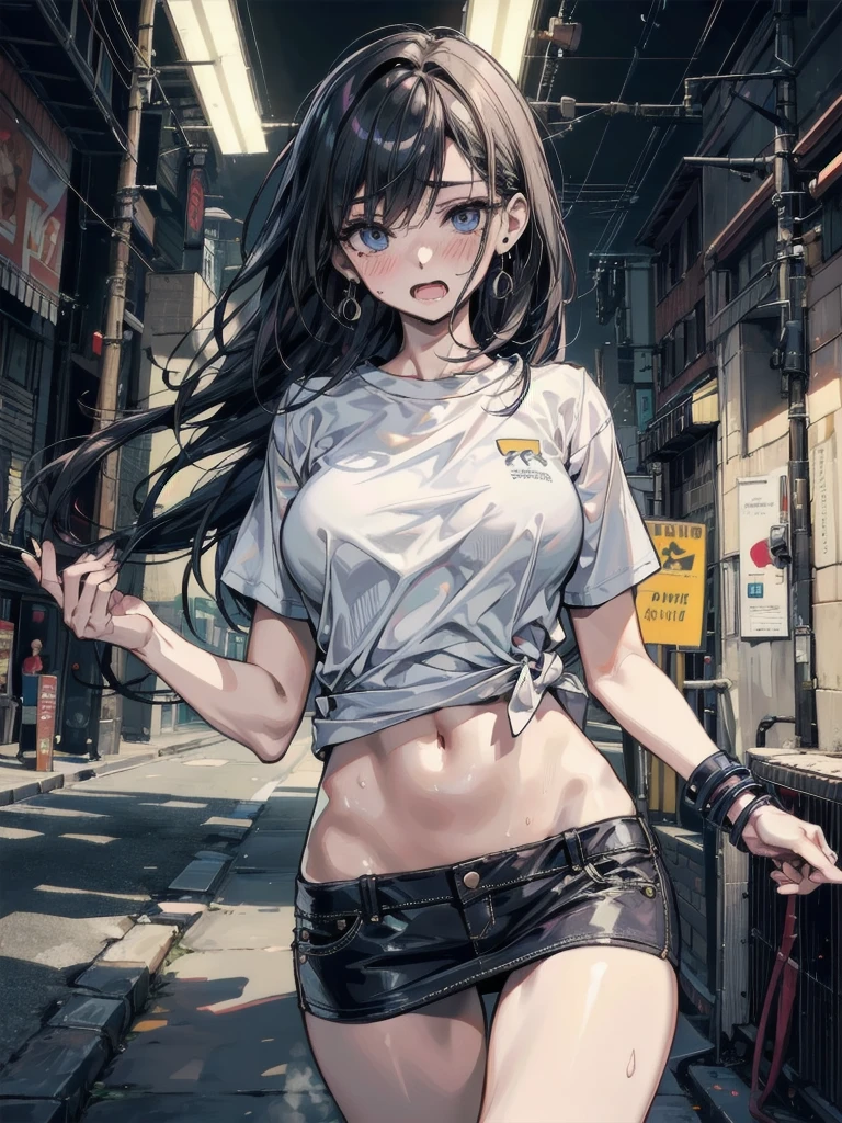 absurdres, RAW photo, extremely delicate, extremely beautiful, masterpiece, Best Quality, ultra high resolution, 32k, hyperrealistic, ultra-detailed description, perfect anatomy, correct body, ideal ratio of body proportions, pale skin, 20 years old, detailed beautiful face, detailed beautiful face eyes, tearful mole, earring, medium hair, black hair, big tits, whole body shot, shorts, t-shirt, off-shoulder, baseball cap, outdoor,