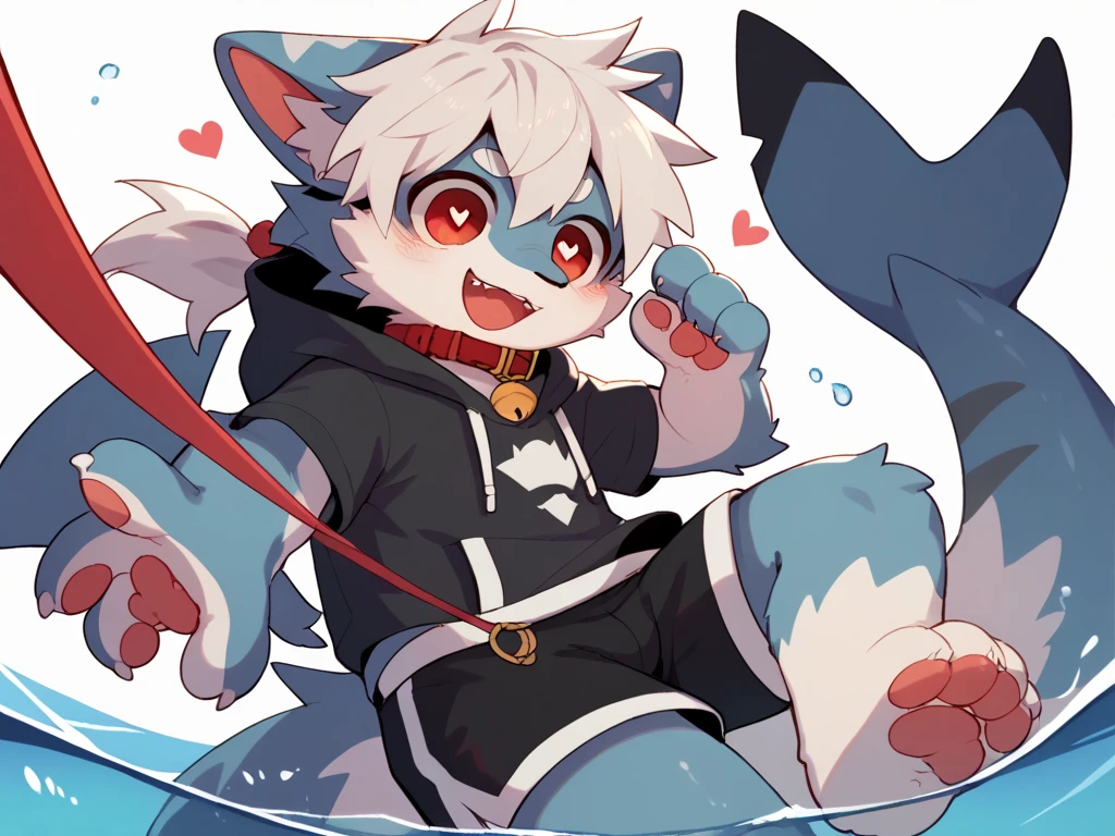  very detailedな, very detailed, white hair with gray fur ,Age 15,male, excited to see bones , wolf fur,Excited,participate, cute face, fluffy fur like one,swim,Horny boy,Red collar,cute ears ,Fluffy Ears , Fluffy Ears , in the sea,In the water, Shark Tail ,Show your legs,Show me a paw , hold a red collar and string, cute fur boy, Boy , heart eye,Horny boy , black back , white background , Blushing Nose ,Alone,Droopy ears, black shorts with blue fur, Black Short Sleeve Hoodie