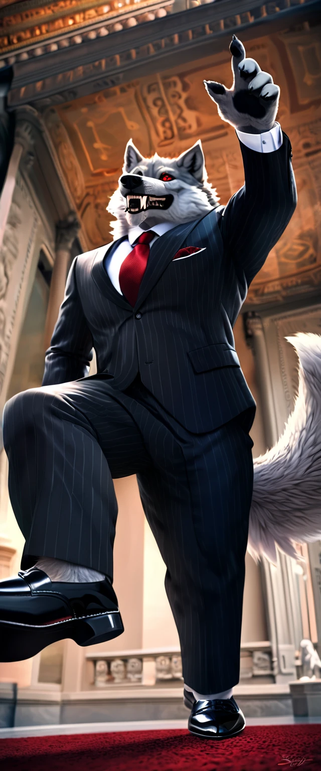 very massive body, male, Death Wolf, low-angle view, very detailed mouth, very detailed paws, very detailed teeth, detailed eyes, wolf, grey fur, very detailed fur texture, fangs, museum background, very detailed clothing, very detailed tail, wolf tail, red eyes, suit and tie, suit pants, fancy leather shoes