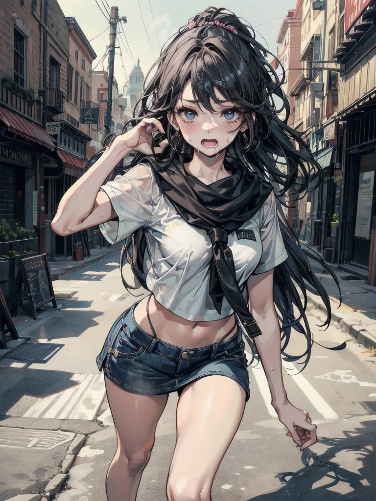 One girl,cute, Medium chest,  Wavy Hair,  View your viewers,crystal eyes, Black Hair,Day,Cityscape, Shorts, Off the shoulder, Bare shoulders, Open jacket , Detailed Background,Glossy Lips,