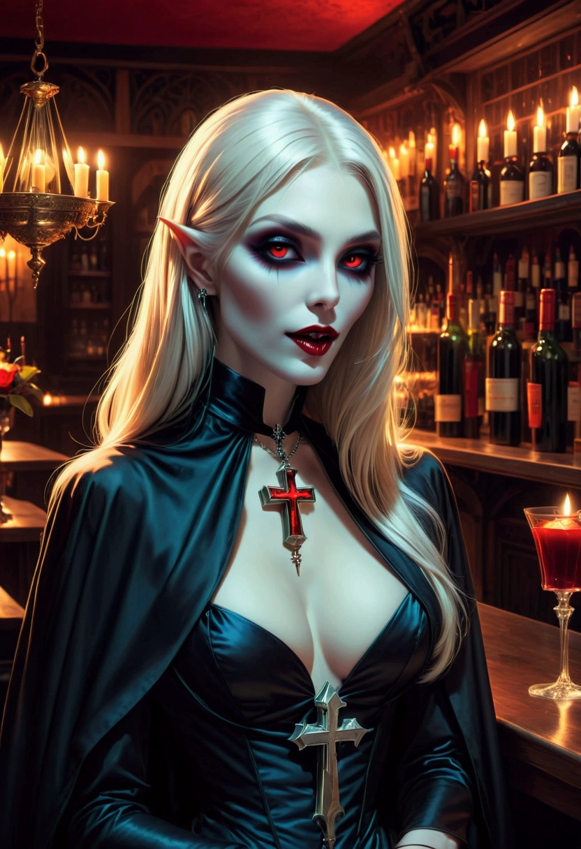 a portrait of a 1beautiful vampire Catholic nun sitting in a goth bar, sipping a dark red cocktail, wearing a white catholic nun habit, full body, slightly hiding the edge of white silk stocking, (vampiric fang: 1.3), wearing high heels, smirking, silver cross choker, make up, blond hair, long hair, eye reflection, intense azure eyes, light makeup, shy, blush, goth bar background, wine bottles, lit with candles, photorealistic, Realism, depth of field, cinematic lighting, dim light, full body, silhouette, from side, Ultra-Wide Angle, retina, UHD, best quality, 16k, highres, high details,vampyfangs1, Cinematic Shot