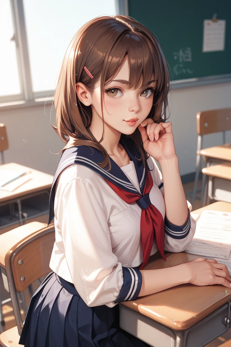 (masterpiece:1.2, top-quality), (realistic, photorealistic:1.4), beautiful illustration, (natural side lighting, movie lighting), nsfw, looking at viewer, no panty shot:2, front view:1.6, 1 girl, japanese, high school girl, perfect face, cute and symmetrical face, shiny skin, (short hair:1.1, messy hair:1.2, orange hair), big eyes, gold eyes, long eye lasher, (large breasts:0.6), beautiful hair, beautiful face, beautiful detailed eyes, beautiful clavicle, beautiful body, beautiful chest, beautiful thighs, beautiful legs, ((symmetrical clothing, detailed cloth texture, short sleeves cute sailor suit, pleated skirt, red bow tie)), black socks, hair tie, (beautiful scenery), morning, crassroom, blackboard, desk chair sitting chair, pointing finger, (frown, open mouth), (fingering herself in the classroom when she thinks no on is looking:2), (detailed upskirt shot of her tickling her vagina):2, (small amount of pubic hair):1.3, (no panties):2, (legs are shoulder width apart):1.4, (low angle), (perfect tight vagina):2, (textured sniny, sweaty skin):1.4
