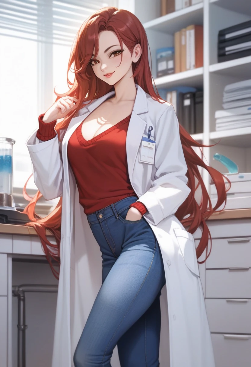 (adult woman), Blush, very horny, light skin, lab coat, sweater shirt,  jeans,  long red hair, ( brown eyes ), (naughty face), beautiful face, chest, Sensual, highest quality,standing pose, (Bottom:  inside an office )