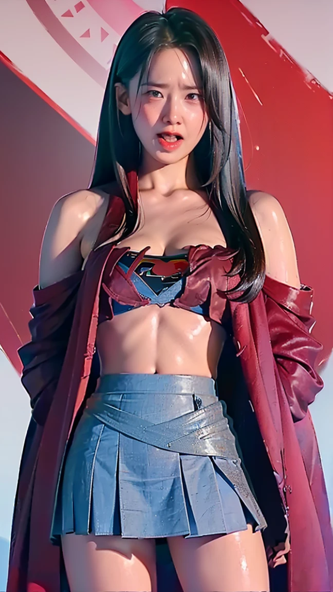 Realista, high-resolution, 1 , cabelo ondulado loiro, coreano, olhos azuis heterocromados, pequenas pintas sob os olhos, camisa branca folgada com letra S do superman no peito, yoga pants, seios grandes, pernas longas, abdominais apertados, dedos de camelo, sexually bit her lip