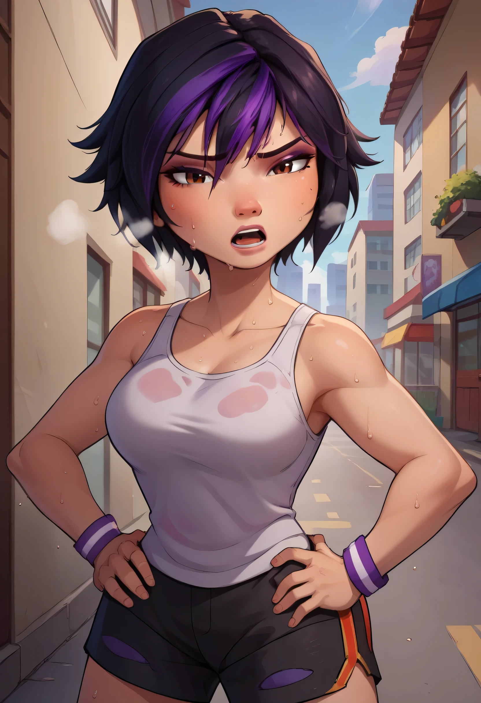 score_9, score_8_up, score_7_up, BREAK,gogotomago, 1girl, solo, short hair, black hair, jewelry, lo purple hair, bracelet, makeup, casual, cowboy shot, brown eyes, looking at the viewer, large breasts,outdoors,city, hands on hips, white tanktop, sweaty, black shorts, extausted, open mouth, dripping sweat, sweating purfusly, chin sweating, arms sweaty, breathing, steam coming out her mouth, soaked tanktop, wet tanktop, sweaty pits,