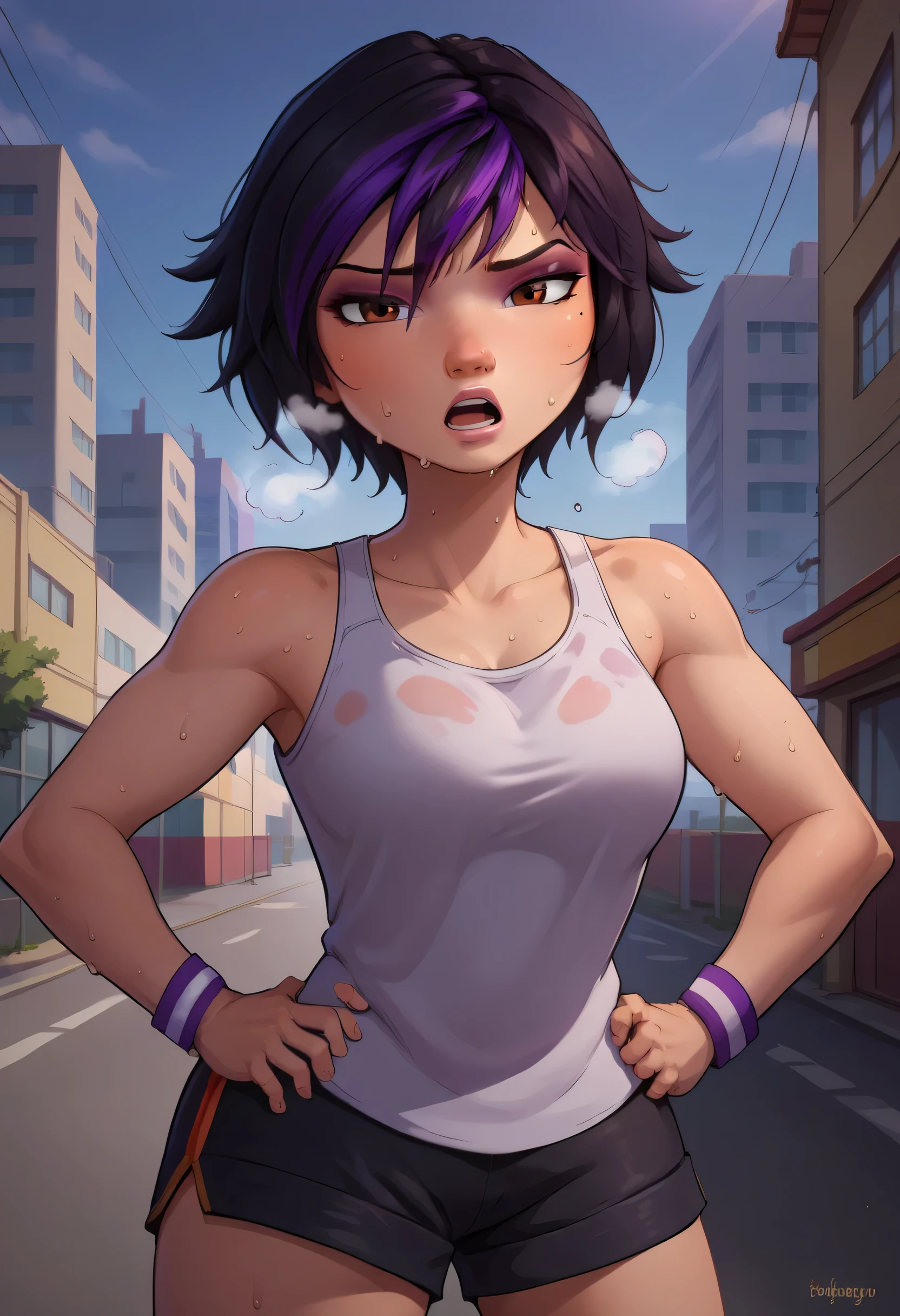 score_9, score_8_up, score_7_up, BREAK,gogotomago, 1girl, solo, short hair, black hair, jewelry, lo purple hair, bracelet, makeup, casual, cowboy shot, brown eyes, looking at the viewer, large breasts,outdoors,city, hands on hips, white tanktop, sweaty, black shorts, extausted, open mouth, dripping sweat, sweating purfusly, chin sweating, arms sweaty, breathing, steam coming out her mouth, soaked tanktop, wet tanktop, sweaty pits, 