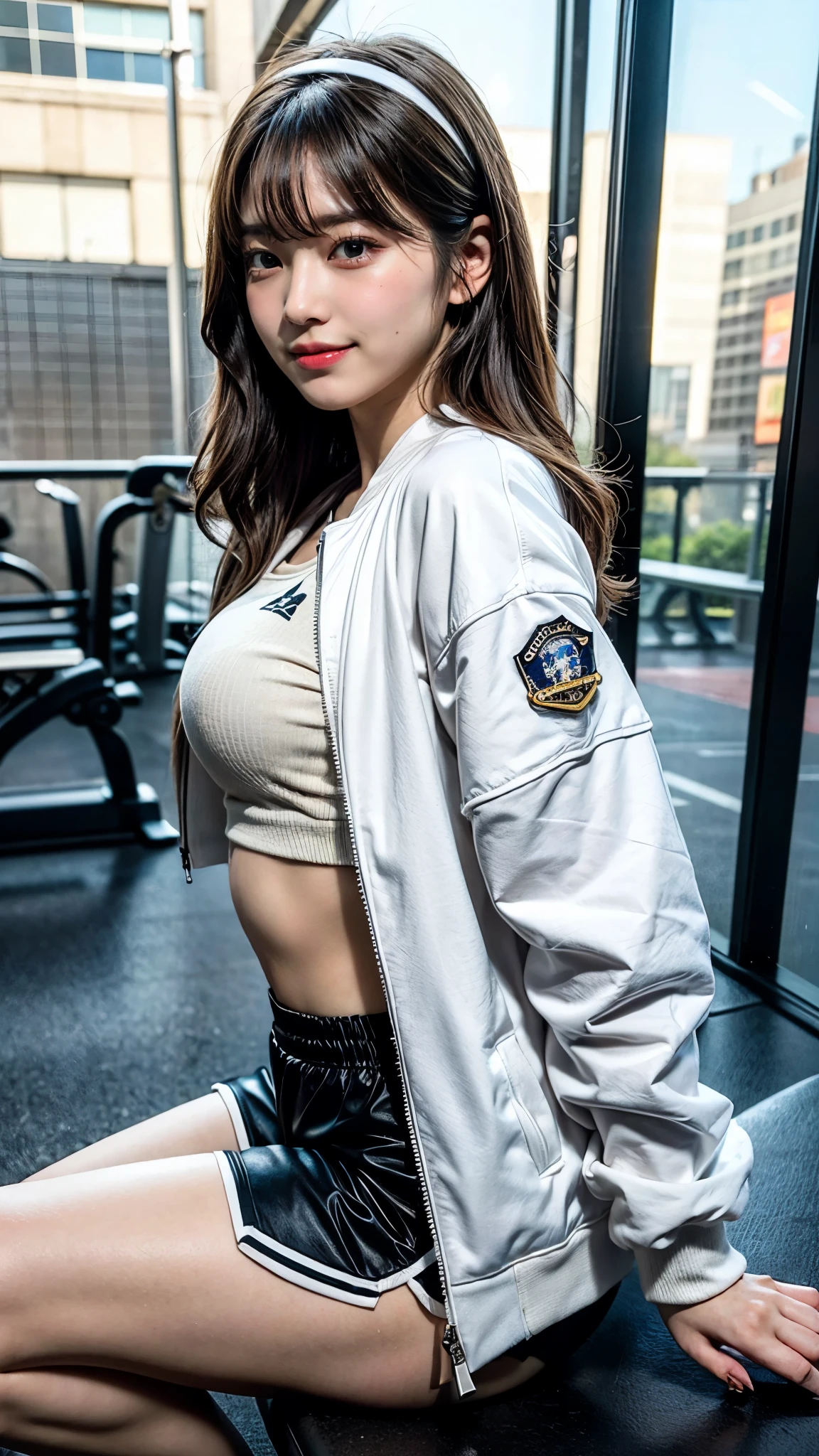 Masterpiece, best quality, teenage girl, multicolored ผม, Two tone hair, high ponytail, blue eyes, beautiful face, blonde hair, lips, eye shadow, put on makeup, Divided cutout, Clothing cutouts , Multi-colored cropped jacket, open clothes, two-tone jacket, shiny clothes , multicolored clothes, earring, blue sports bra, zipper, Diaphragm, Stomach, หัว belt, glove ไร้นิ้ว , gloveสีดำ , glove, decorations, Medium bust, black pants, belt, looking for audience, navel, sexy, CG Highly detailed, Very beautiful and elegant,very detailed eyes, Fine texture, Detailed fabric, Beautifully detailed face, complicated details, Special details, 3D, 30k, movie theater light, Stunning light, shallow depth of light, Beautiful clothing details, Highly detailed, UDR, Sharp focus, Physics-based rendering