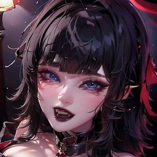 (Masterpiece, Best quality), ((1girl, (Mature female) long hair), (The pupils are star-shaped,  +_+, Symbol-Shaped Pupils, Radiant eye), (Cat ears, Open mouth)), (Looking at the viewer, Slight smile, Off shoulder), (a summary, Multi-colored background, a summary background, chromatic aberration), vampire, Blood on the face, Blood on clothes, Bat wings