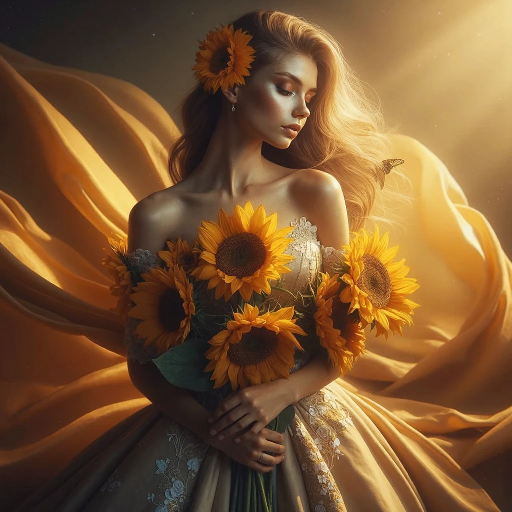 Beautiful woman with a bunch of sunflower