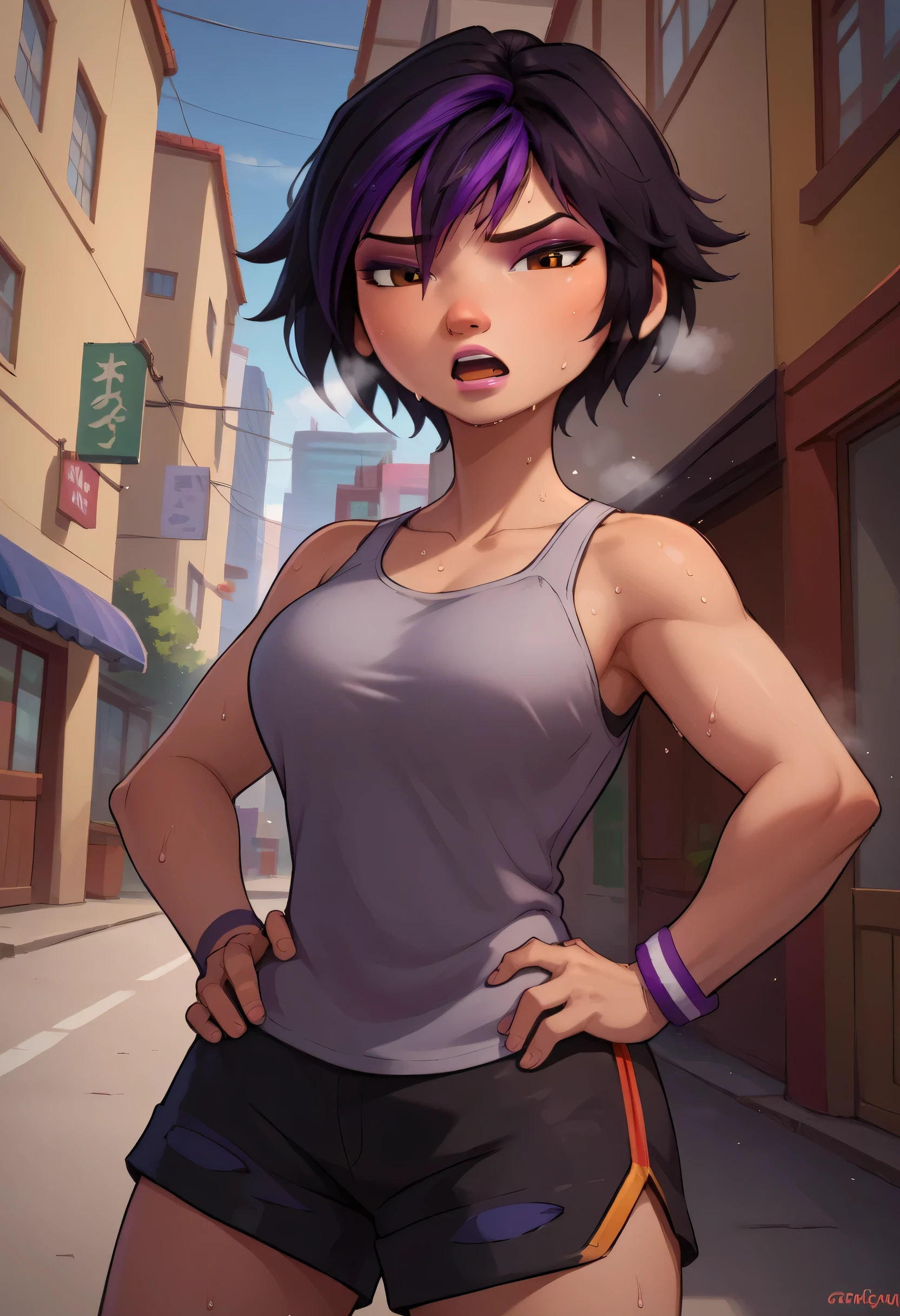 score_9, score_8_up, score_7_up, BREAK,gogotomago, 1girl, solo, short hair, black hair, jewelry, lo purple hair, bracelet, makeup, casual, cowboy shot, brown eyes, looking at the viewer, large breasts,outdoors,city, hands on hips, grey tanktop, sweaty, black shorts, extausted, open mouth, dripping sweat, sweating purfusly, chin sweating, arms sweaty, breathing, steam coming out her mouth