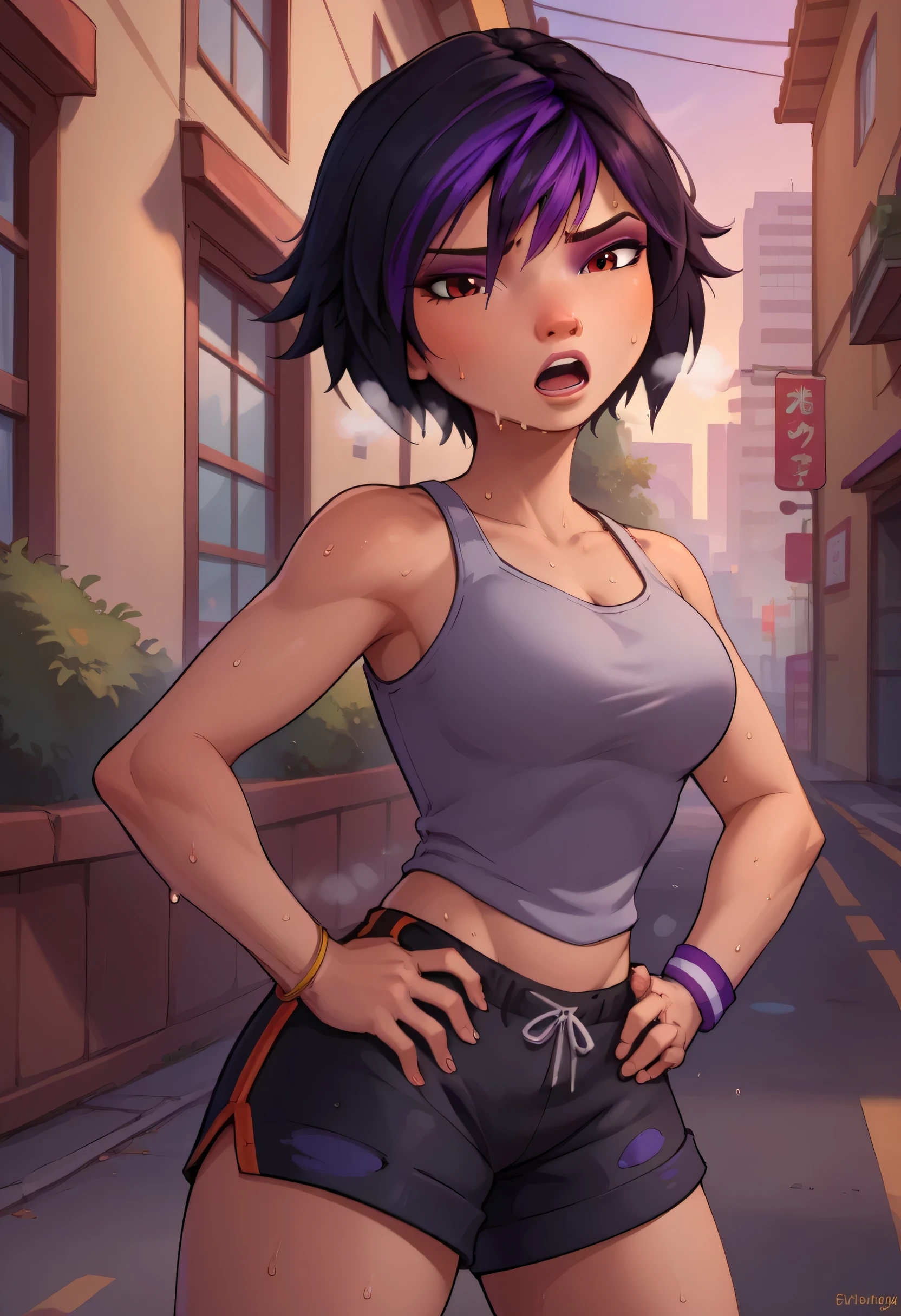 score_9, score_8_up, score_7_up, BREAK,gogotomago, 1girl, solo, short hair, black hair, jewelry, lo purple hair, bracelet, makeup, casual, cowboy shot, brown eyes, looking at the viewer, large breasts,outdoors,city, hands on hips, grey tanktop, sweaty, black shorts, extausted, open mouth, dripping sweat, sweating purfusly, chin sweating, arms sweaty, breathing, steam coming out her mouth