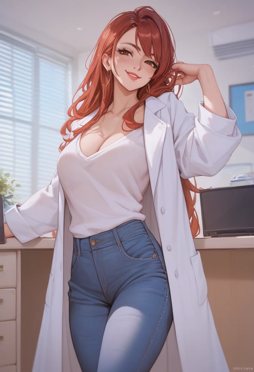 (adult woman), Blush, very horny, light skin, lab coat, sweater shirt,  jeans,  long red hair, ( brown eyes ), (naughty face), beautiful face, chest, Sensual, highest quality,standing pose, (Bottom:  inside an office )