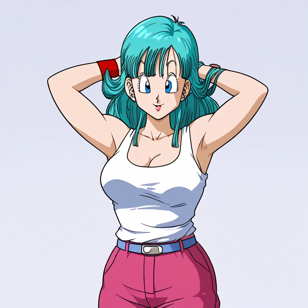 fuente_   animado,   puntaje_9,   puntaje_8_arriba,   puntaje_7_arriba,    animado screencap, bulma \( dragon ball\), long hair, one side arriba, periferia_cortar, cabello aqua, blue eyes wristwatch, Top tubo rosa, escote,   hombros descubiertos  , sin tirantes,   Lazos para el cabello  , wristband, pantalones cortos marrones, clavicle,   Habitación interior  , ventana, sofá rosa, sonrisa,   mirando a los espectadores , Bulma,( dragon ball\), long hair, cabello aqua, blue eyes wristwatch, white tank top,  hombros descubiertos, clavicle,  Habitación interior , Young curvy woman with big breasts and big ass, pose with arms raised to the sides, making a fist, showing her armpits