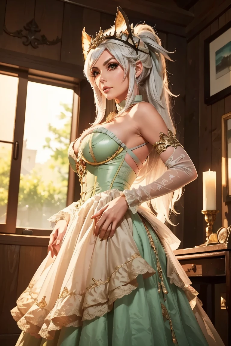 The elf stands and looks at the camera, green eyes and white hair, She lifts her skirt with her hands, Upskirt, blue skies, Beautiful clear blue sky, green hairpins in the hair, skinny waist, Slender figure, Appearance of the model, confusion, sexuality, nahida, pixie, elf ears, Beautiful ears, green colored eyes, People's casual clothes, pantyhouse, white pantyhose, little chest, You can see the, Upskirt, Elf Girl, Sweet girl, attractive anime girl, beautiful anime girl, Cute beautiful anime woman, detailed digital anime art, beautiful anime girl, beautiful anime girl, Anime with small details, Best Quality, Masterpiece, Ultra-detailed, Beautiful, hight resolution, Original,CG 8K ультрареалистичный, perfect artwork, beatiful face, Face Clean, Skin, hyper realistic, Ultra Detailed, A detailed eye, dramatic lighting, (Realistic) Realistic, Full HD, Best Quality, Best Quality, Beautiful lighting, (8k wallpaper of extremely detailed CG unit), High Details, sharp-focus, The art of dramatic and photorealistic painting, beautiful smile,