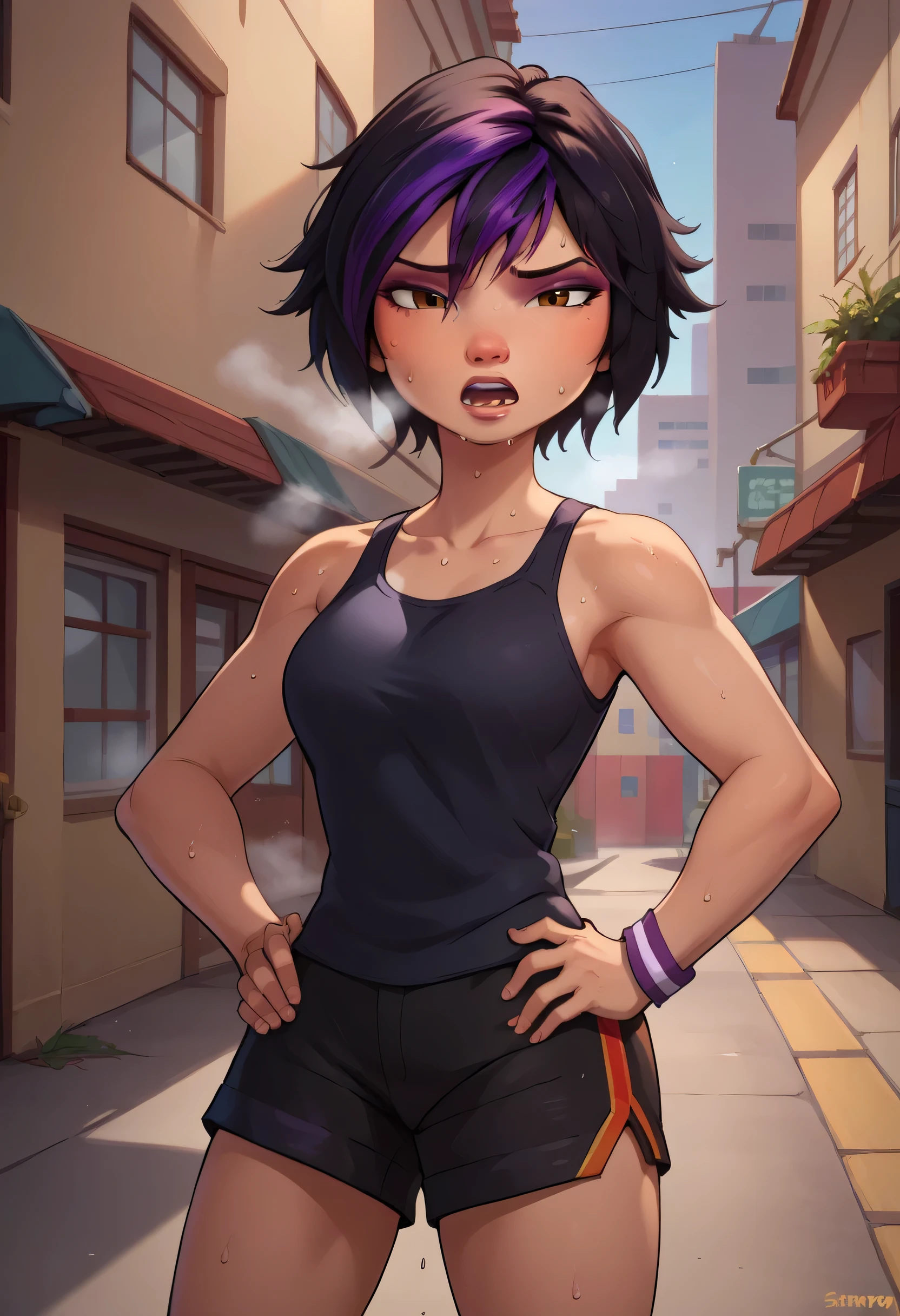 score_9, score_8_up, score_7_up, BREAK,gogotomago, 1girl, solo, short hair, black hair, jewelry, lo purple hair, bracelet, makeup, casual, cowboy shot, brown eyes, looking at the viewer, large breasts,outdoors,city, hands on hips, black tanktop, sweaty, black shorts, extausted, open mouth, dripping sweat, sweating purfusly, chin sweating, arms sweaty, breathing, steam coming out her mouth