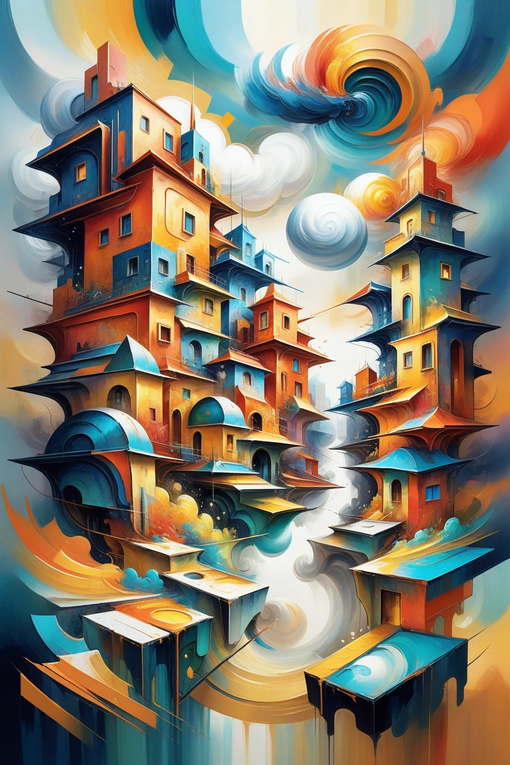 d3qck artstyle,oil and watercolor painting,
8k,highly detailed,living,amazing fantasy cloud city at the beginning of time,
this artwork blurs the boundaries between realism:1.1 and abstraction:1.1,transforming geometric shapes:1.1 into a surreal and paradoxical landscape:1.2,