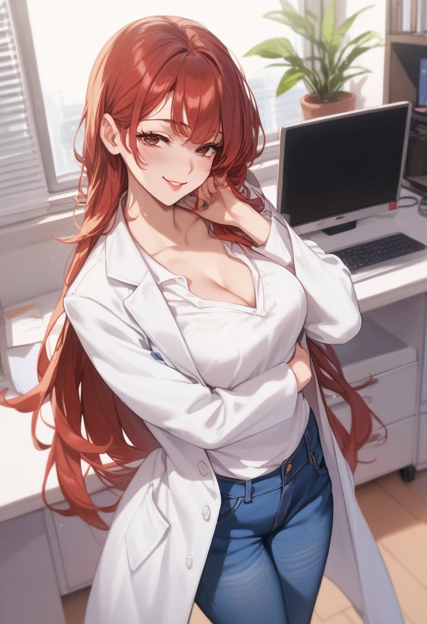 (adult woman), Blush, very horny, light skin, lab coat, sweater shirt,  jeans,  long red hair, ( brown eyes ), (naughty face), beautiful face, chest, Sensual, highest quality,standing pose, (Bottom:  inside an office )