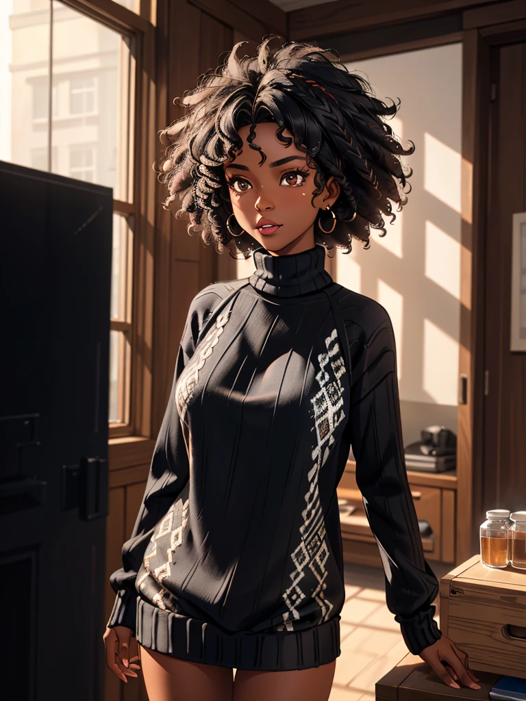 masterpiece, best quality,Ray tracing, hdr, volumetric lighting,
1girl,
<lora:Darkskin_Ebony_FefaAIart:1>,
High cheekbones, full lips,Natural black curls, Deep brown hair, athletic build,
dark skin, ebony, afro hair, (black power hair:1.3),
<lora:oversized_sweater:0.3>, (oversized sweater:1.3),