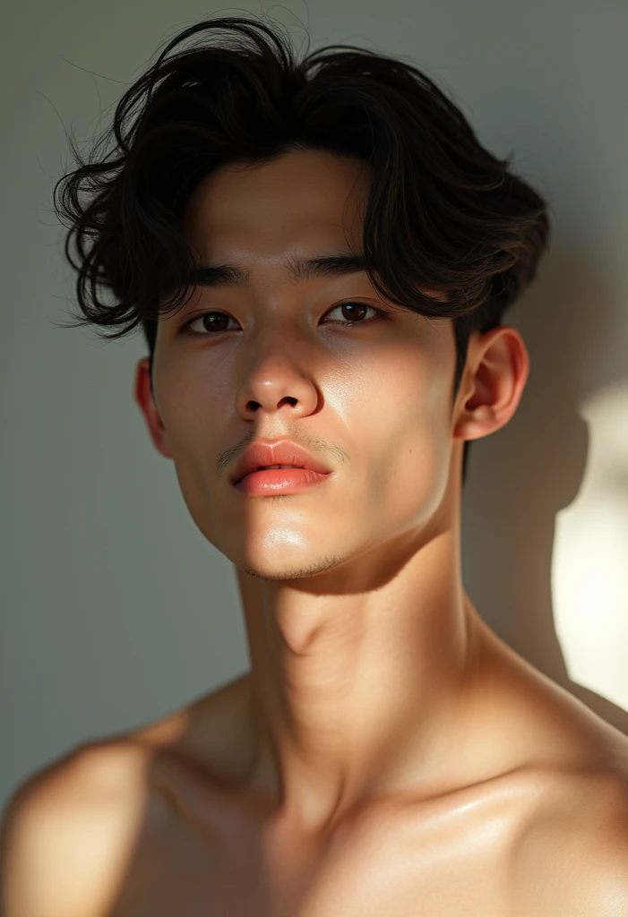(best quality, ultra-detailed, photorealistic:1.37), (male, young) mannequin, (Korean, attractive) man, (realistic, detailed) facial features, (expressive, intense, euphoric) expression, (top view, top angle), (bedroom scene), (soft lighting), (subtle. ???????), (gentle, tranquil atmosphere), (slight blurriness, shallow depth of field), (discreet, sensual, minimalistic) decor, (smooth, porcelain-like) skin, (subtle, uplifting) color palette, (subtle, delicate) shadows, (minimal, clean) background