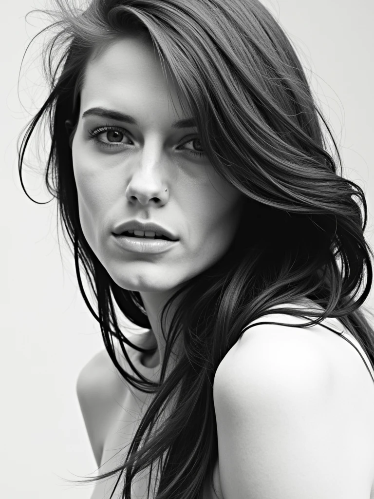 Black and white photo of a woman with long hair, Laetitia Casta, inspired author:Herb Ritts, Patrick Demarchelier, Bruce Weber, David Sorrenti, In the style of Alasdair MacLellan, inspired by bert stern, Anne Liebowitz, author:Herb Ritts, Julia Sardinia, brazilan supermodel, Paolo Roversi's style