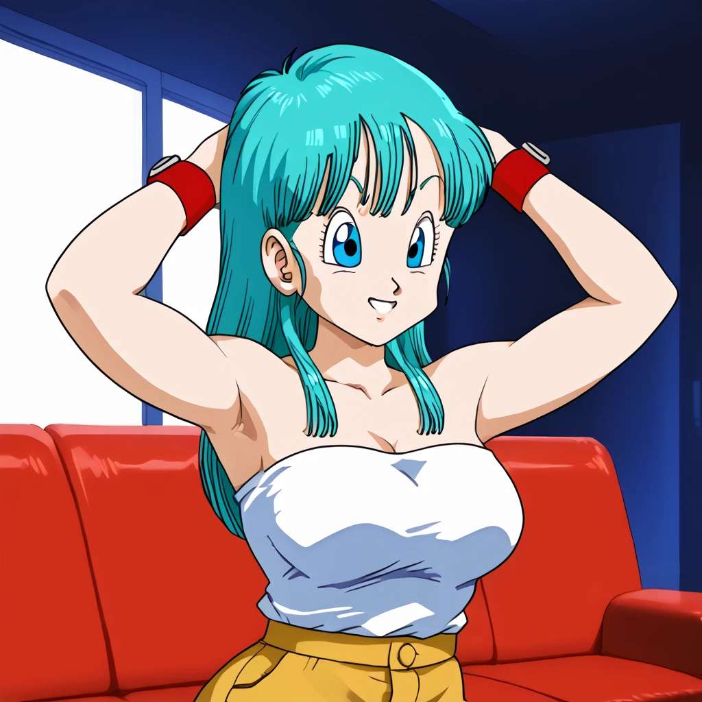 source_ realistic,    score_9,    score_8_above,    score_7_above,    excited screencap, Bulma \( dragon ball\), long hair, one side above, outskirts_Cut, Aqua Hair, blue eyes wristwatch, Pink tube top, neckline,    bare shoulders   , strapless,    hair ties   , wristband,  brown shorts , clavicle,    inner room   , window, pink sofa , smile,    looking at spectators  , Bulma,( dragon ball\), long hair, Aqua Hair, blue eyes wristwatch,  white t-shirt ,   bare shoulders , clavicle,   inner room  ,  Curvy young woman ,  big breasts and big butt ,  pose with arms raised at her sides, making a fist , showing her armpits