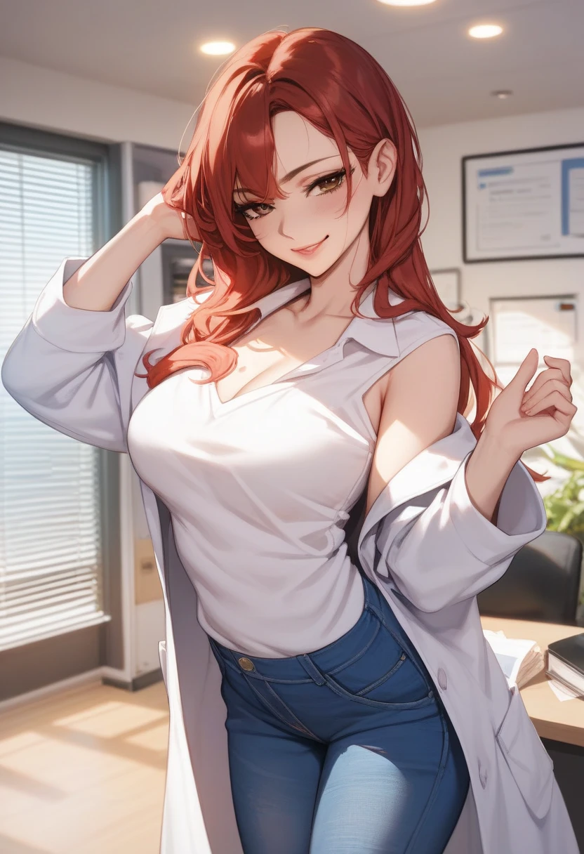 (adult woman), Blush, very horny, light skin, lab coat, sweater shirt,  jeans,  long red hair, ( brown eyes ), ((naughty face)), beautiful face, chest, (seducing), Sensual, highest quality,standing pose, (Bottom:  inside an office )