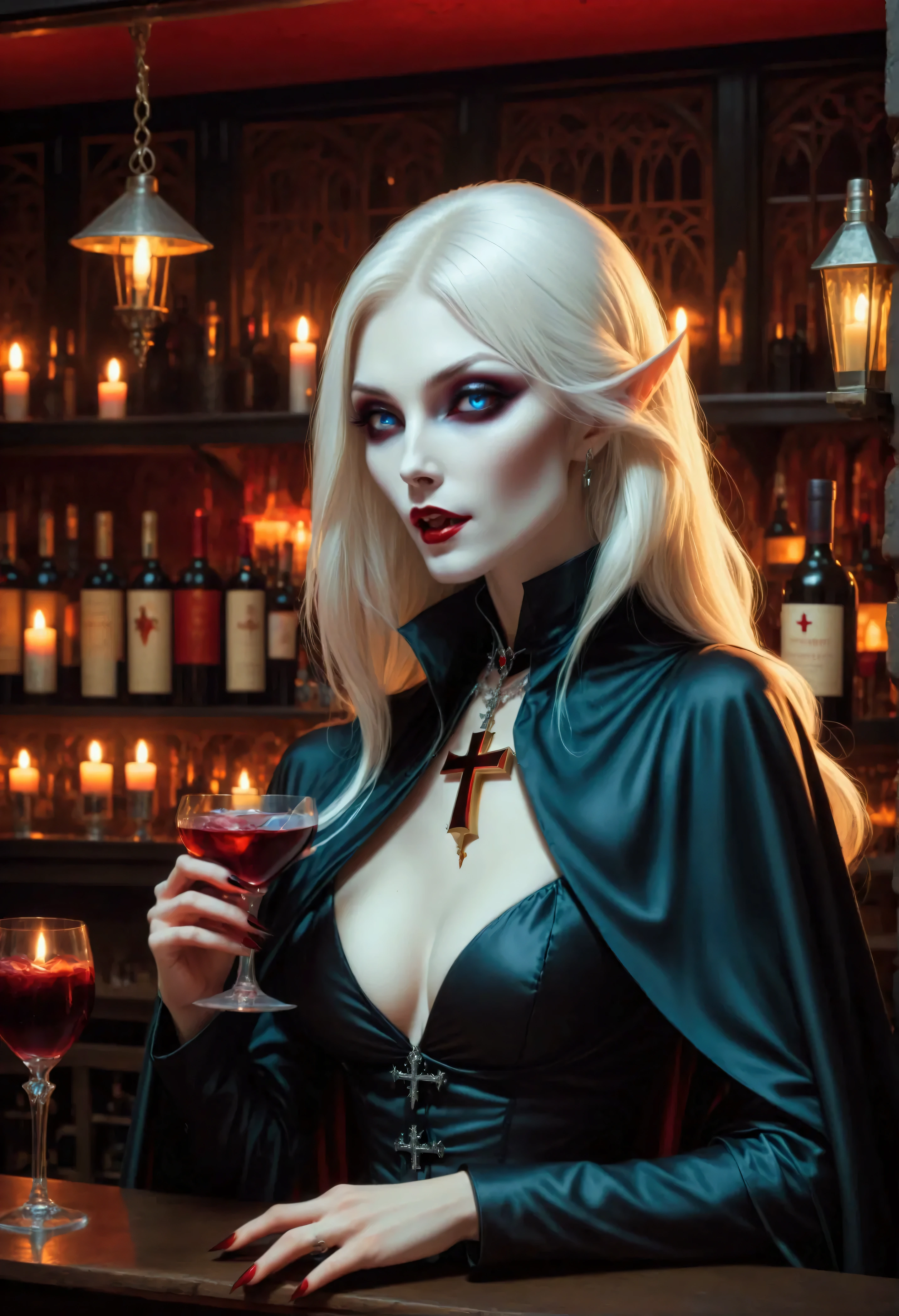 a portrait of a 1beautiful vampire Catholic nun sitting in a goth bar, sipping a dark red cocktail, wearing a white catholic nun habit, full body, slightly hiding the edge of white silk stocking, (vampiric fang: 1.3), wearing high heels, smirking, silver cross choker, make up, blond hair, long hair, eye reflection, intense azure eyes, light makeup, shy, blush, goth bar background, wine bottles, lit with candles, photorealistic, Realism, depth of field, cinematic lighting, dim light, full body, silhouette, from side, Ultra-Wide Angle, retina, UHD, best quality, 16k, highres, high details,vampyfangs1, Cinematic Shot