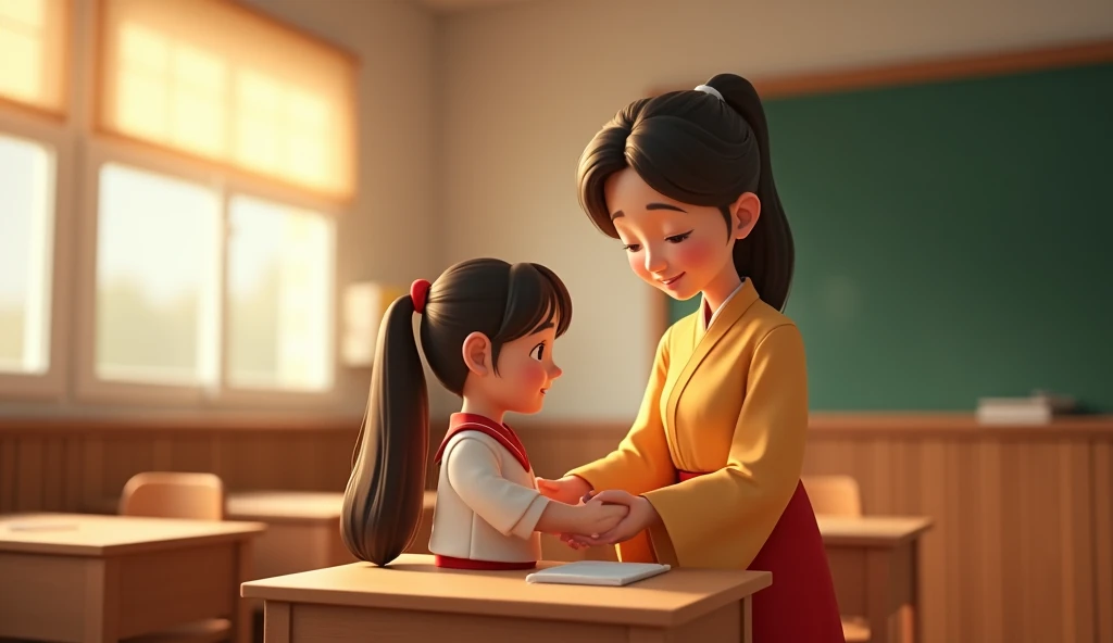 high qulity，8K，Two little twin girls standing at the table，nerds, Traditional Chinese clothing，having fun
