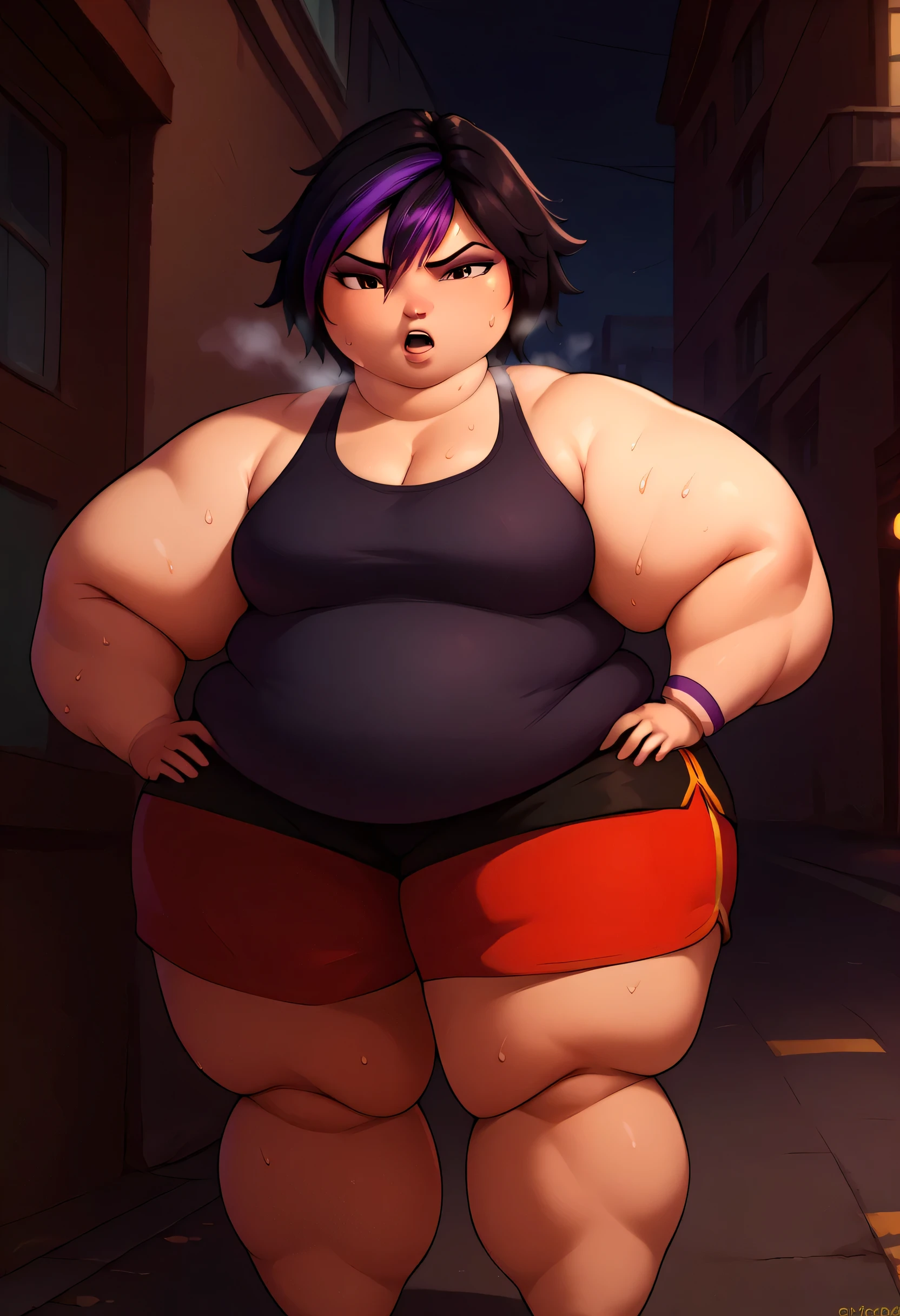 score_9, score_8_up, score_7_up, BREAK,gogotomago, 1girl, solo, short hair, black hair, jewelry, lo purple hair, bracelet, makeup, casual, cowboy shot, brown eyes, looking at the viewer, large breasts,outdoors,city, hands on hips, black tanktop, sweaty, black shorts, extausted, open mouth, dripping sweat, sweating purfusly, chin sweating, arms sweaty, breathing, steam coming out her mouth, fat, chubby, obese, full body, gigantic arms and legs 