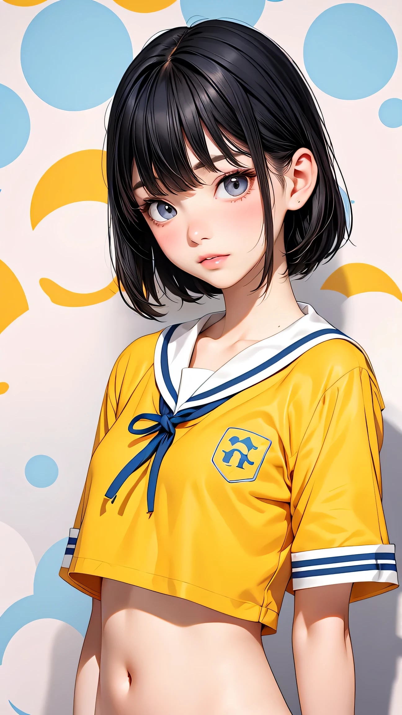 One young asian girl、Sailor suit, bangs、freckles、high school girl、Slender、Slender body、sexy pose, arms behind back, yellow hair, big orange eyes, (anime), manga, big breasts, cleavage, (solid background),