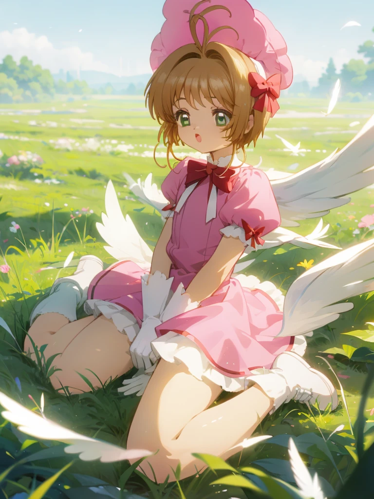 masuter piece, Best Quality, 超A high resolution, top-quality, Anime style, The best lighting, Beautiful face, kinomoto sakura, 1girl in, light brown hair, Short hair, Antenna Hair, pink headwear, Green eyes, frilld, Pink dress, Puffy Short Sleeves, White Gloves, Red bow, white thighhig, Wings, field, :o, wariza, tussock, Kero-chan, There are small white feathers on the back