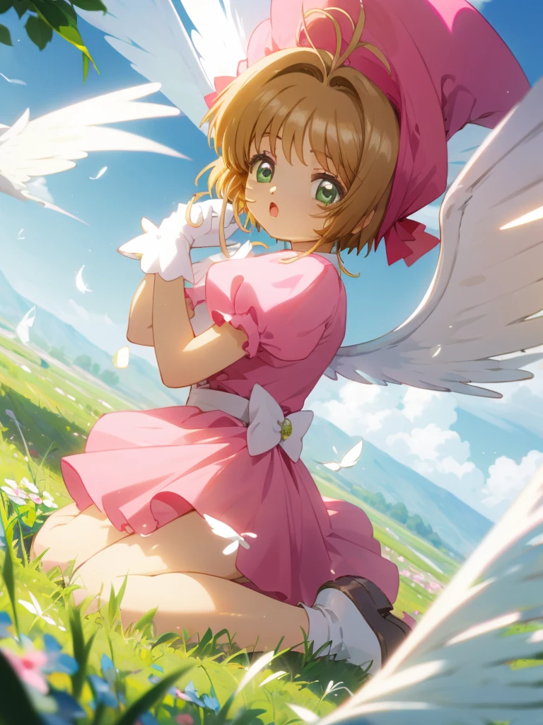 masuter piece, Best Quality, 超A high resolution, top-quality, Anime style, The best lighting, Beautiful face, kinomoto sakura, 1girl in, light brown hair, Short hair, Antenna Hair, pink headwear, Green eyes, frilld, Pink dress, Puffy Short Sleeves, White Gloves, Red bow, white thighhig, Wings, field, :o, wariza, tussock, Kero-chan, There are small white feathers on the back