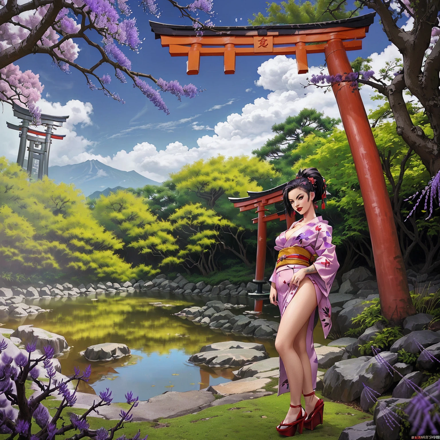 masterpiece, high quality, Very detailed, woman, short hair, hairpin, Completely naked, Spring flower, the wind is strong, Open the shrine, Pink petals, Fuji Mountain, Depth of written boundary, Blurred Background,smile,whole body,Standing posture,Front facing,Stand with your feet apart