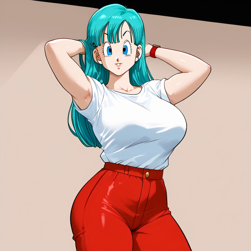  1 girl,  masterpiece , better_quality:0.5, highres, 4k image, ( _ details :0.7), absurdo, ((cowboy_angle_shot:0.4)), sharpen the image, Bulma, 1 girl, solo     Bulma,( dragon ball\), long hair, Aqua Hair, blue eyes wristwatch,   white t-shirt  ,    bare shoulders  , clavicle,    inner room   ,  Curvaceous young woman  ,   big breasts and big butt  ,   poses with arms raised at her sides, making a fist  , showing her armpits