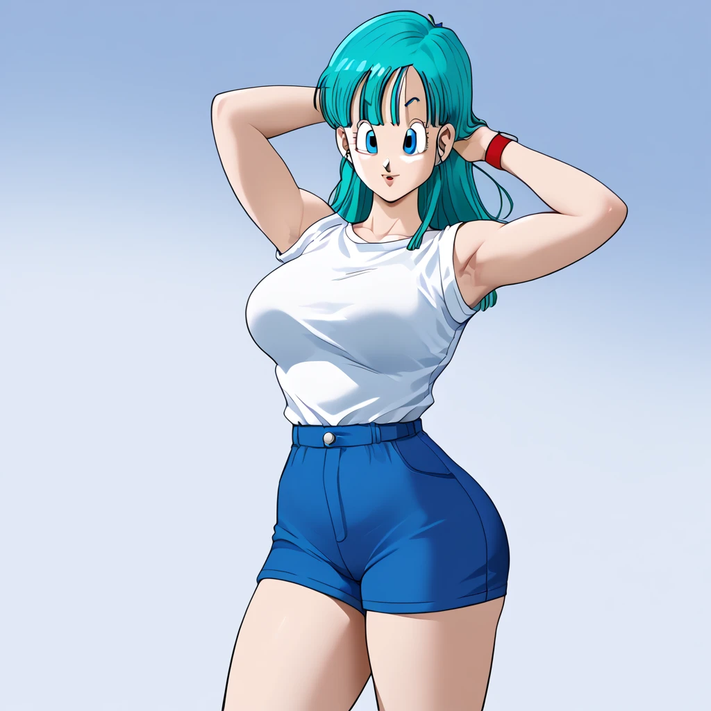  1 girl,  masterpiece , better_quality:0.5, highres, 4k image, ( _ details :0.7), absurdo, ((cowboy_angle_shot:0.4)), sharpen the image, Bulma, 1 girl, solo     Bulma,( dragon ball\), long hair, Aqua Hair, blue eyes wristwatch,   white t-shirt  ,    bare shoulders  , clavicle,    inner room   ,  Curvaceous young woman  ,   big breasts and big butt  ,   poses with arms raised at her sides, making a fist  , showing her armpits