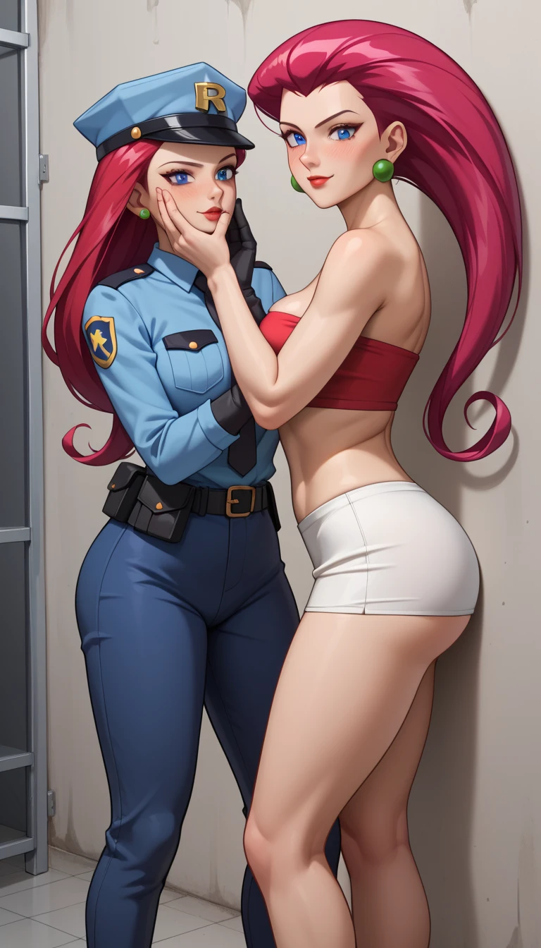 (top quality)),((masterpiece)),((perfect face)),(ultra-detailed),ultra high res, 8k, 2girls, jail, ((police uniform:1.3)), ((tube top:1.3)), giving money, blushing, hand on another's face, against wall, extremely cute, exquisite, cowboy shot, (very aesthetic:1.2), (absurdres:1.2), (detailed background),newest, perfect anatomy, ultra HD, work of art, precise, anatomically correcte, super detaill, High details, high qualiy, best qualityer, 8k, high resolution. Jessie looks beautiful in a full body photo. Blue eyes and long red hair combed back make her a goddess of beauty. Jessie wears a long-sleeved blouse that fits her body, with a big "R" red printed in the center, symbolizing Team Rocket. the bottom of the outfit consists of a short skirt, also white, that complements the top. This combination creates a look that is both practical for your adventures and stylish., Jessie completes her outfit with long boots, Score_9, Score_8_up, Score_7_up, Score_6_up, Score_5_up, Score_4_up, Source_anime, Tag1, Tag2, Quality_masterpiece, Anatomically correct, Beautiful face, Perfect face, Highly detailed beautiful face and eyes, Attractive face, Detailed face, Delicate facial features, Detailed skin, medium breasts, Wide hips, medium butt, big butt, Thick thighs, Sensual woman, Mature female, Milf, Motherly, Seductive, 