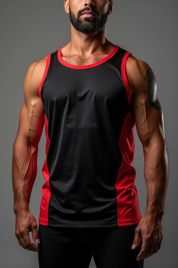 A man in black tank top under vest with red colour stripline on tank top under vest and were black trunk underwear with red colour stripline on trunk underwear